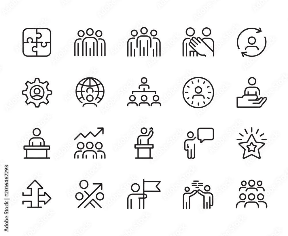 Fototapeta premium Comprehensive set of business management and human resources line icons illustrating leadership, teamwork, strategy, and corporate development goals.