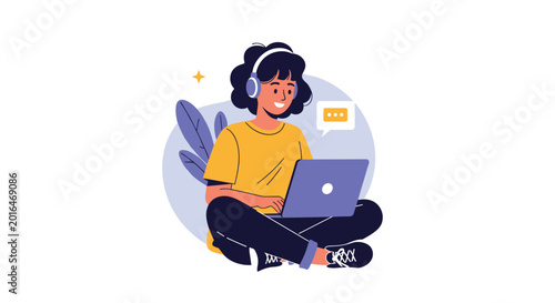 Happy girl wearing headphones sitting cross-legged and using a laptop for communication or online entertainment purposes.