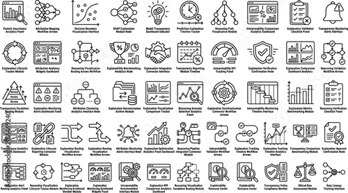 Canvas Print Explainable AI transparency outline icon collection with model reasoning metrics