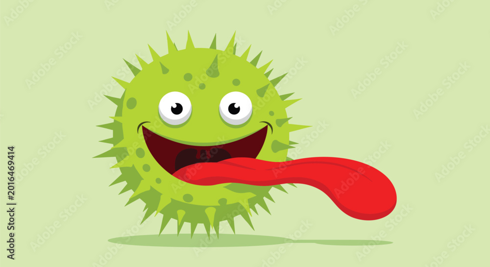 Fototapeta premium Funny green virus monster character with big eyes and a long red tongue sticking out on a light green background for kids.