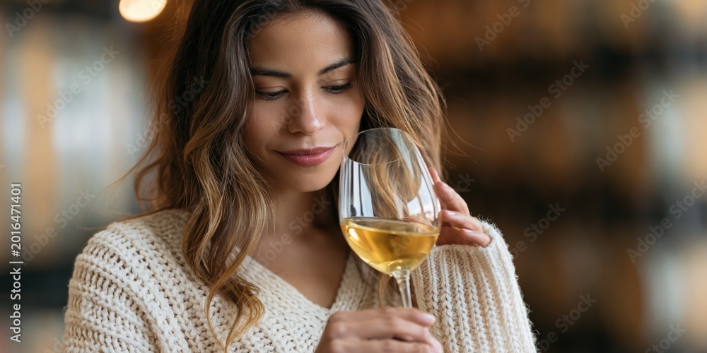 Fototapeta premium Woman smelling white wine glass in barrel cellar setting
