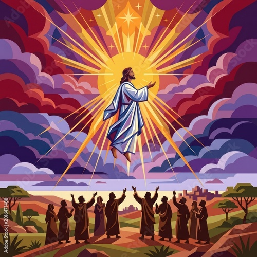 Jesus Ascending to Heaven with Rays of Light and Adoring Followers Below.