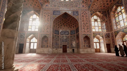 Sunlit Prayer Hall of Nasir Ol Molk Pink Mosque in Shiraz Iran - The majestic interior of the Nasir Ol Molk Mosque, also known as the Pink Mosque, in Shiraz, Iran, is bathed in natural sunlight