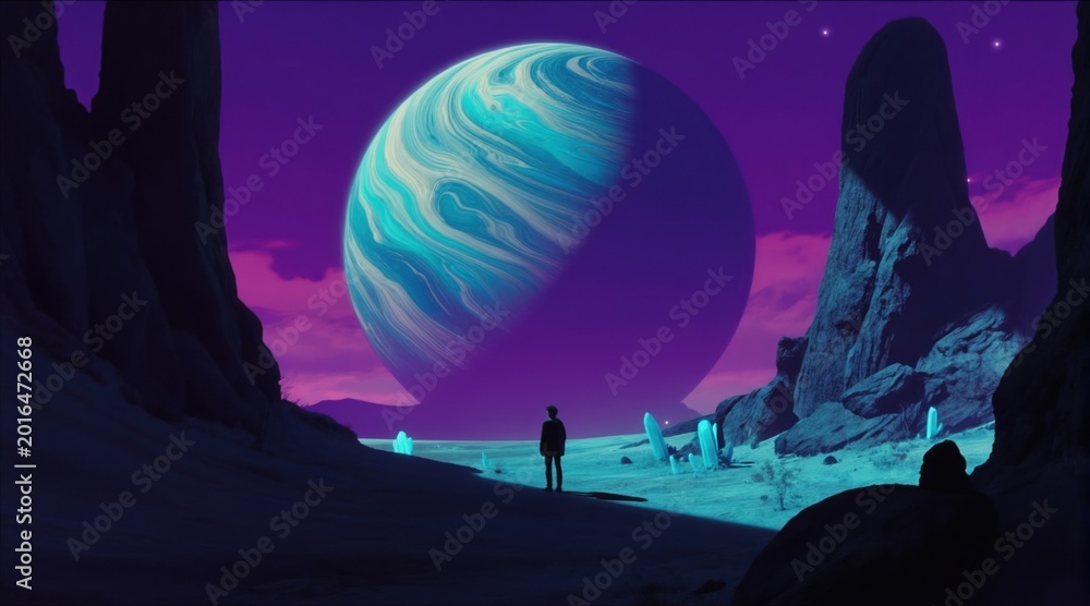 Fototapeta premium Lone person stands on alien planet looking at giant gas planet. Surreal landscape with purple sky and glowing crystals. Astronaut explores new world, distant future adventure.
