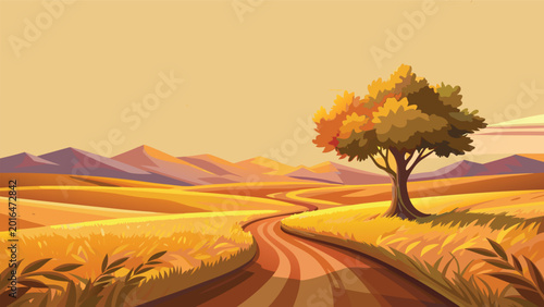 Canvastavla A peaceful landscape with a lonely tree in a golden field during a warm autumn s