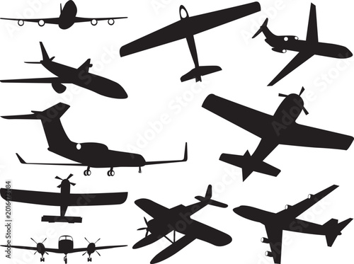 Tableau sur toile Collection of Various Historical Military and Civilian Aircraft Silhouettes in B
