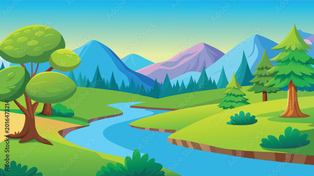 Obraz premium Beautiful cartoon nature landscape with a blue river flowing through green hills and mountains Vector