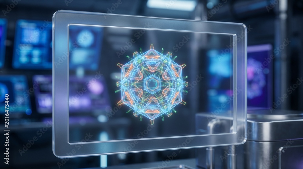 Fototapeta premium 3d virus particle displayed on transparent digital screen in laboratory setting