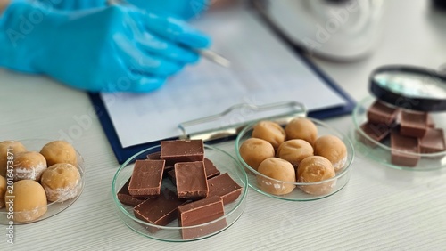 Chocolate testing process in a lab with various samples
