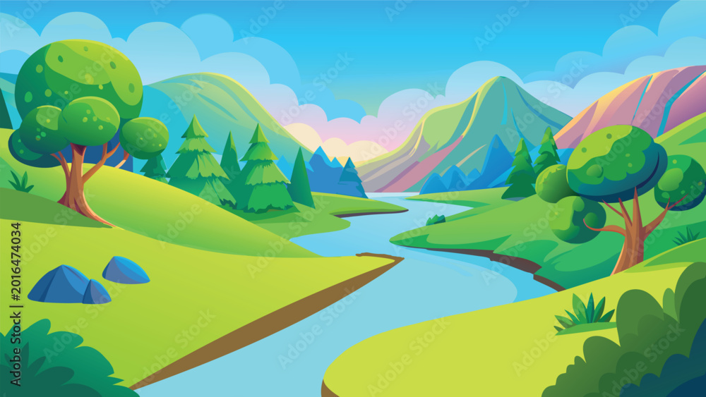Obraz premium Beautiful cartoon landscape with a flowing blue river through green hills and mountains Vector