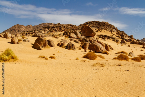 A landscape of the Sahara Desert. Incredible rock formations featuring large rounded rocks. Tassili n'Ajjer National Park, Algeria, Africa