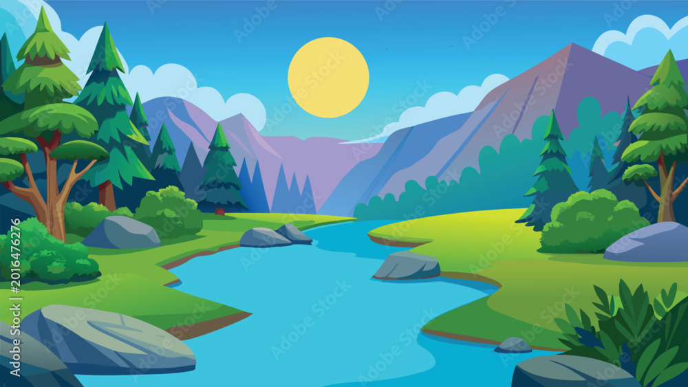 Fototapeta premium Pixel art landscape with a blue river flowing through a green forest under a bright yellow sun Vector