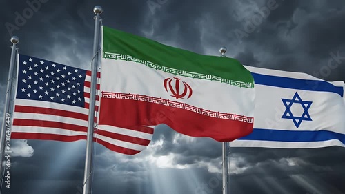 Geopolitical Tension with USA, Iran, and Israel Flags - Three national flags, representing the United States, Iran, and Israel, wave prominently on flagpoles.