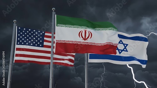 Geopolitical Tension: USA, Iran, Israel Flags Under Storm - The national flags of the United States, Iran, and Israel are displayed side-by-side on flagpoles, waving against a dark, stormy sky.