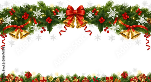 Festive christmas garland with bells holly and presents holiday border