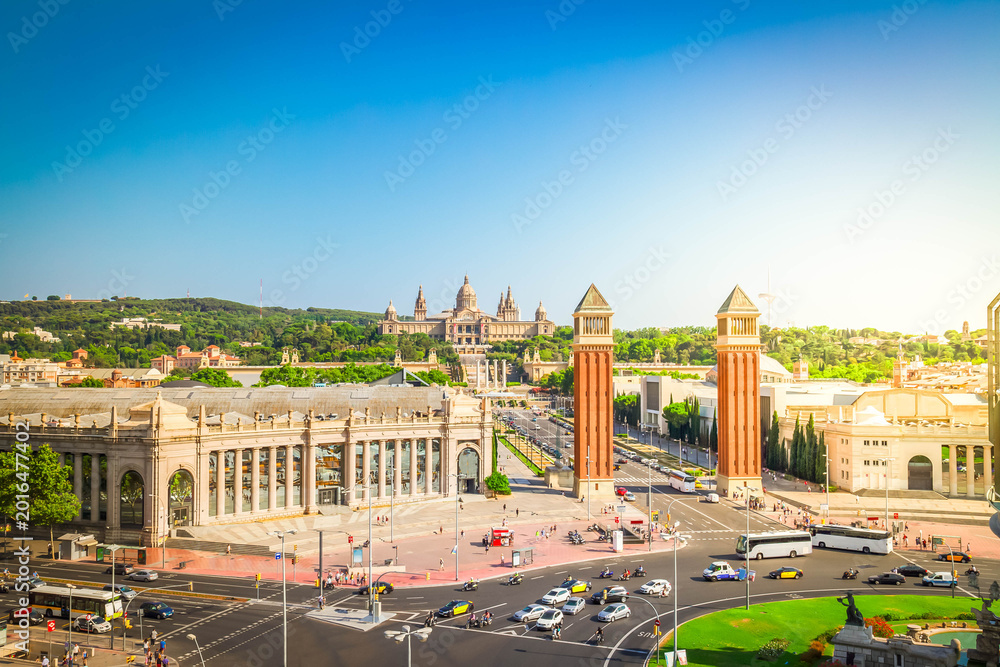 Fototapeta premium Square of Spain at summer day - venetian towers and National museum of Barcelona, Spain