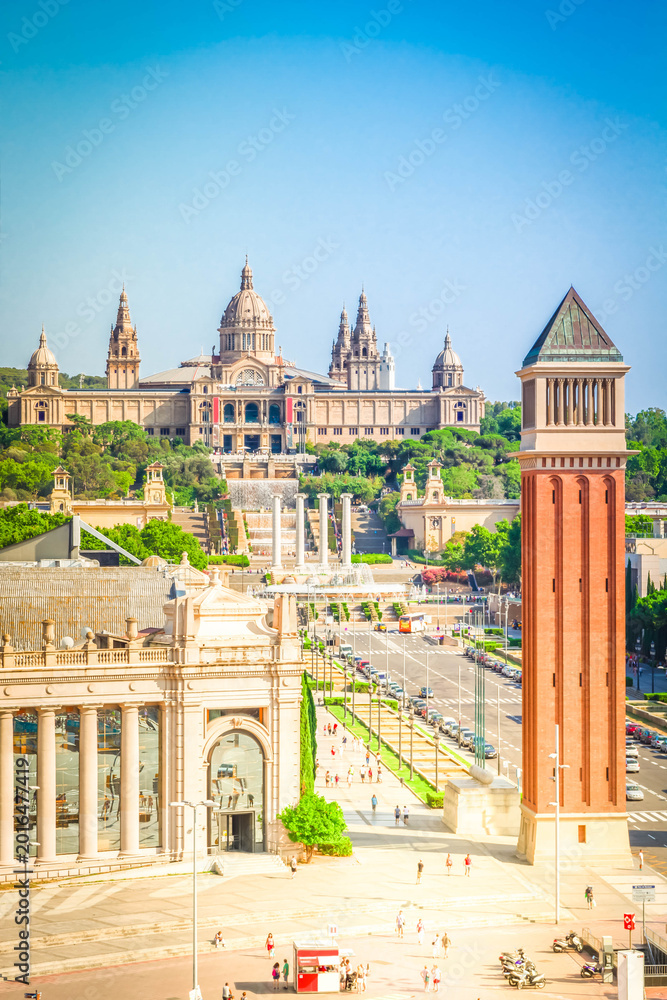 Obraz premium Square of Spain details - venetian tower and National museum of Barcelona, Spain