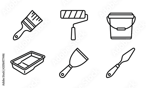Painting Tools Icon Set Brush Roller Bucket Tray Spatula