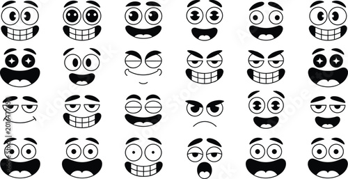 Tableau sur toile Cartoon facial expressions grid with smiling, grinning, sleepy, surprised, and f