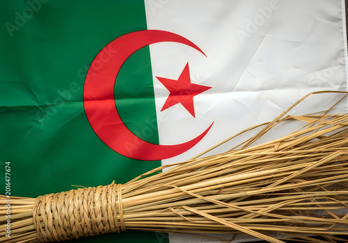 Algerian flag waving on wheat stalks