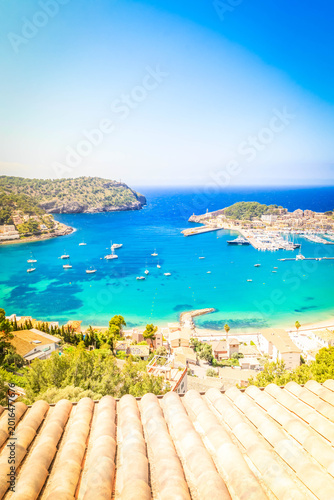 view of Port Soller harbour clear water, Mallorca at summer, Spain