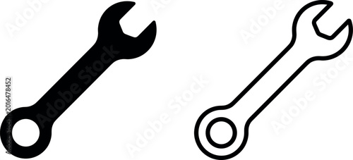 Canvastavla Minimalist wrench icon set featuring solid black silhouette and thin line art outline symbols for mechanical repair maintenance and software settings interface design