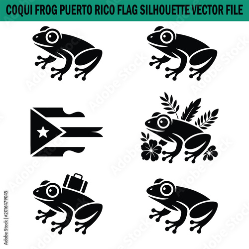 Coqui frog Puerto Rico flag silhouette vector graphics set  animals and symbols