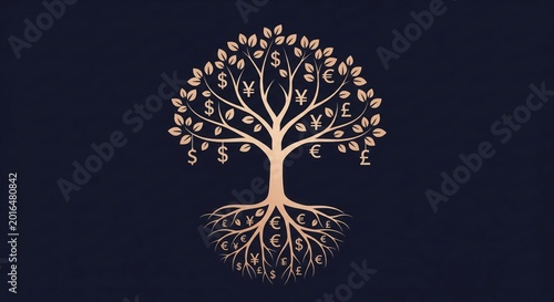 Golden money tree with global currency symbols on dark background