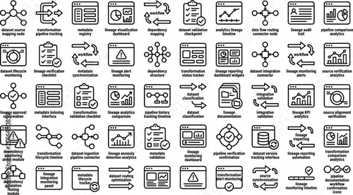 Bild auf Leinwand Data lineage workflow outline icon set with metadata validation pipeline trackin