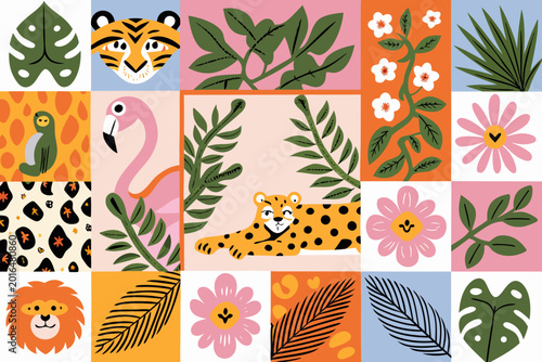 Photography Tropical animal and botanical patchwork illustration in a playful style