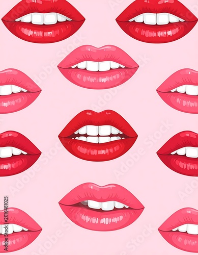 A repeating pattern of colorful lips and white teeth on pink