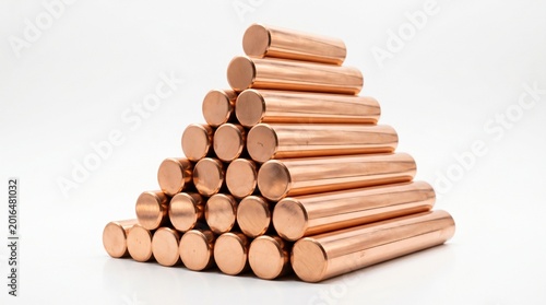Stack of polished copper rods arranged in pyramid shape on white background