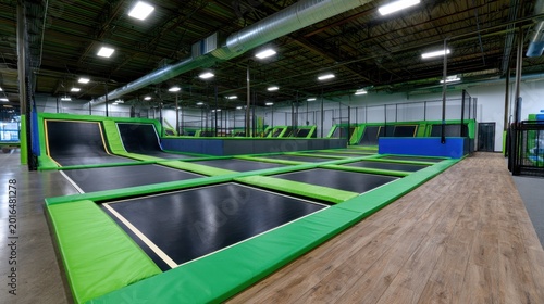 Spacious sports hall equipped with interconnected bouncing platforms and protective netting for family entertainment.