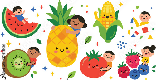 Healthy eating illustration with happy children hugging giant fruits and fresh vegetables