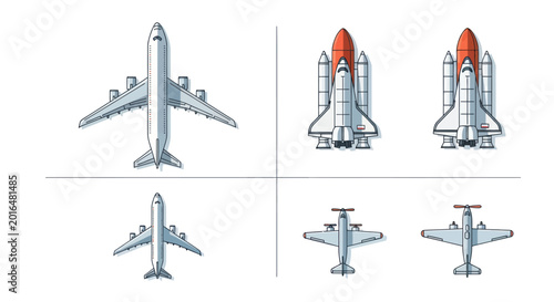 Schilderij op canvas Airplanes and Space Shuttle Collection Top View - Vector Illustration