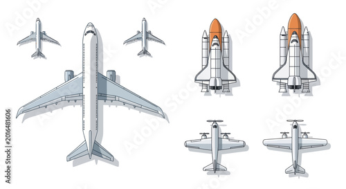 Schilderij op canvas Collection of Aircraft and Space Shuttle Designs, Top View