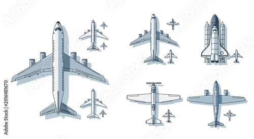 Photos Collection of Aircraft and Space Shuttle Icons: Top View, Flat Design