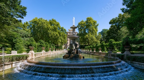 Ornate stone fountain sprays water in center of formal garden under clear summer sky.