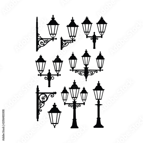 Set of black street lamp silhouettes ornate victorian style lanterns on white background