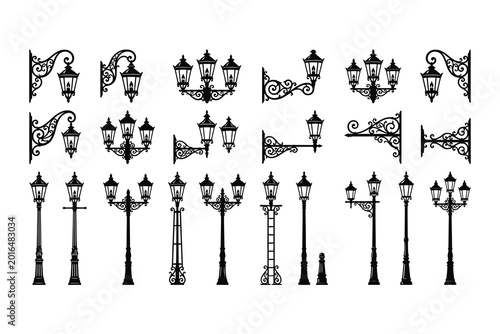 Vintage street lamp silhouettes set on a white background