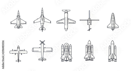 Collection of Aircraft and Spacecraft Icons: Jets, Helicopters, Space Shuttle, Cargo Plane