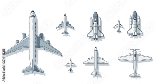 Foto Collection of Airplanes and Space Shuttles from Top View - Vector Art