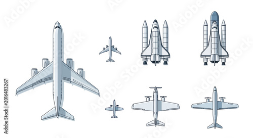 Foto Collection of Aircrafts and Space Shuttles, Top View, White Background