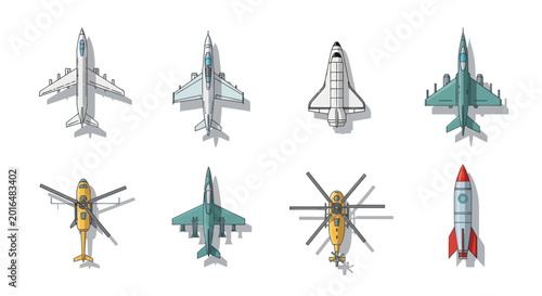 Obraz na płótnie Collection of diverse aircraft, rockets, and helicopter icons from a top-down pe