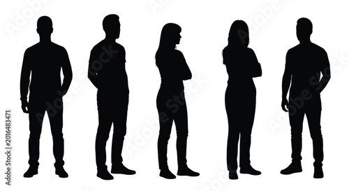 Five figures standing in a row depicted as black silhouettes against a white background