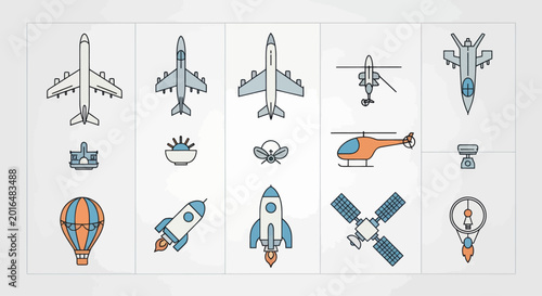 Tableau sur toile Collection of modern aircraft, rockets, helicopter, hot air balloon, and satelli