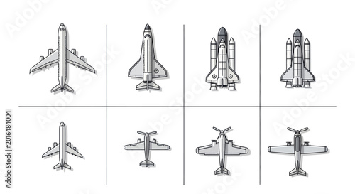 Diverse Aircraft Collection: Jets, Space Shuttle, Propeller Planes - Top View Icons