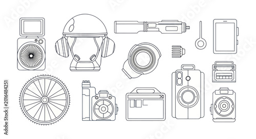 Obraz na plátně Futuristic Technology Line Art Icons: Gadgets, Robots, Devices, and Components