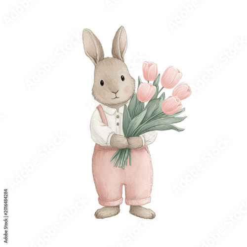 Spring’s Gentle Gardener. Watercolor rabbit with tulips on transparent background