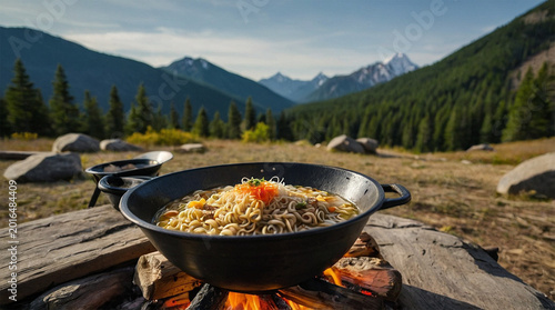 Image of delicious ramen noodles in the camping area